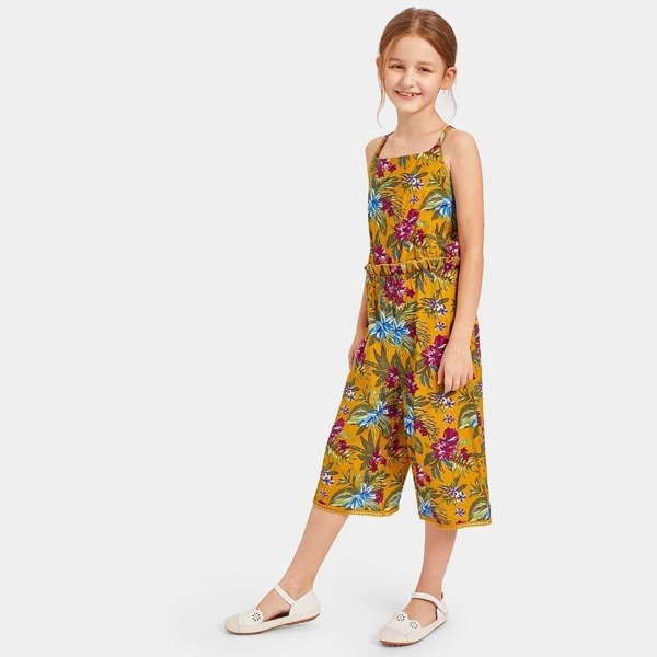

Girls Floral Print Criss Cross Straps Jumpsuit, Yellow
