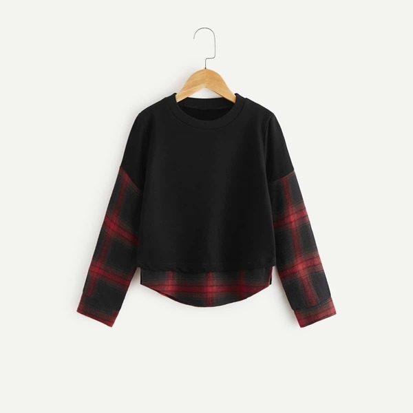 

Girls 2 In 1 Curved Hem Plaid Pattern Sweatshirt