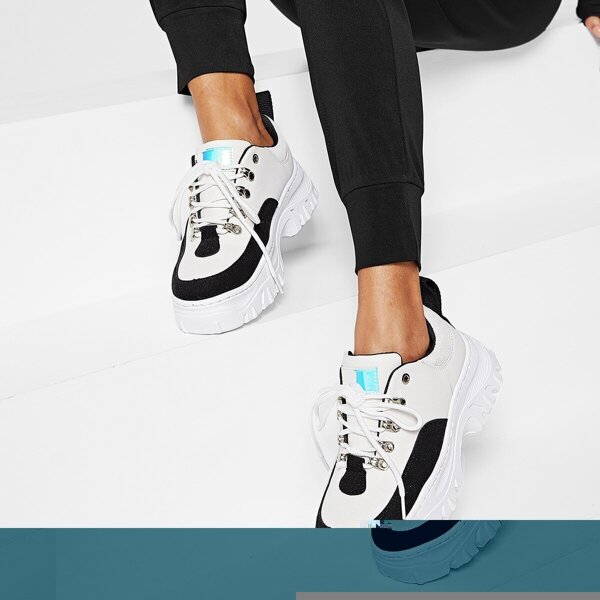 

Contrast Lace-up Chunky Trainers, Black and white