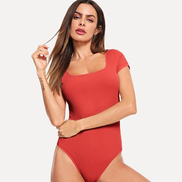 

Square Neck Rib-knit Tee Bodysuit, Red