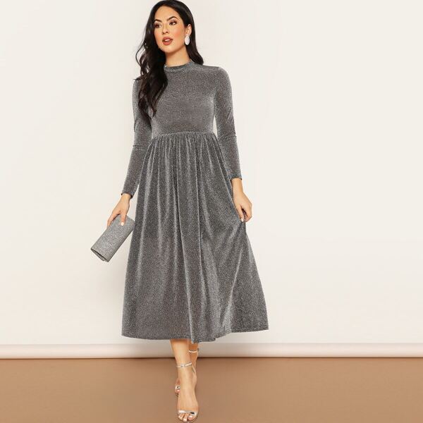 

Zip Back Mock-neck Glitter Flare Dress, Dark grey