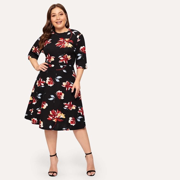 

Plus Flower Print Fit & Flare Dress
