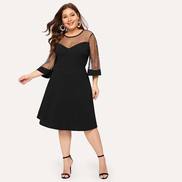 

Plus Pearl Beaded Sheer Yoke Skater Dress