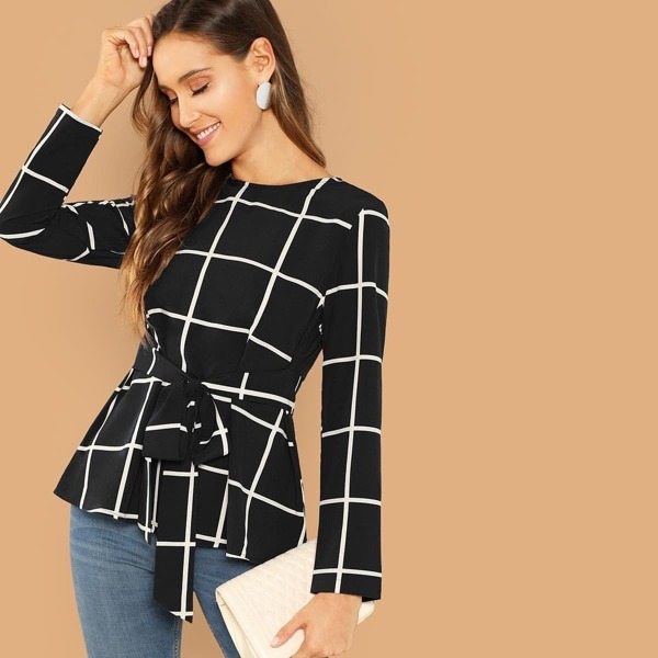 

Keyhole Back Grid Print Belted Top