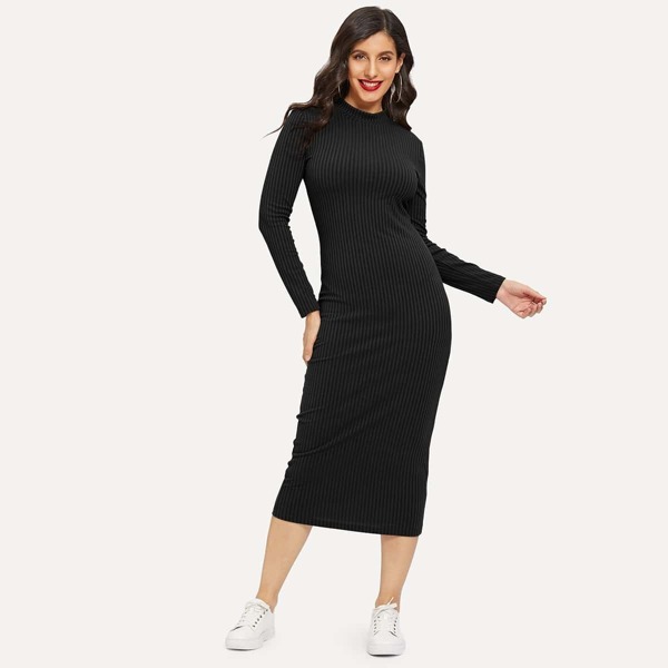 

Mock-neck Rib-knit Solid Pencil Dress