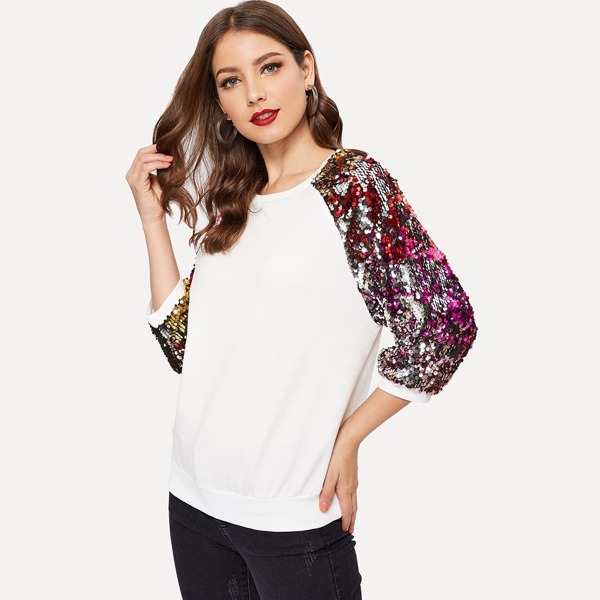 

Sequin Raglan Sleeve Sweatshirt, White