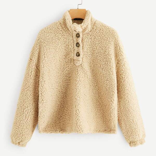 

Button Front Mock-neck Teddy Sweatshirt