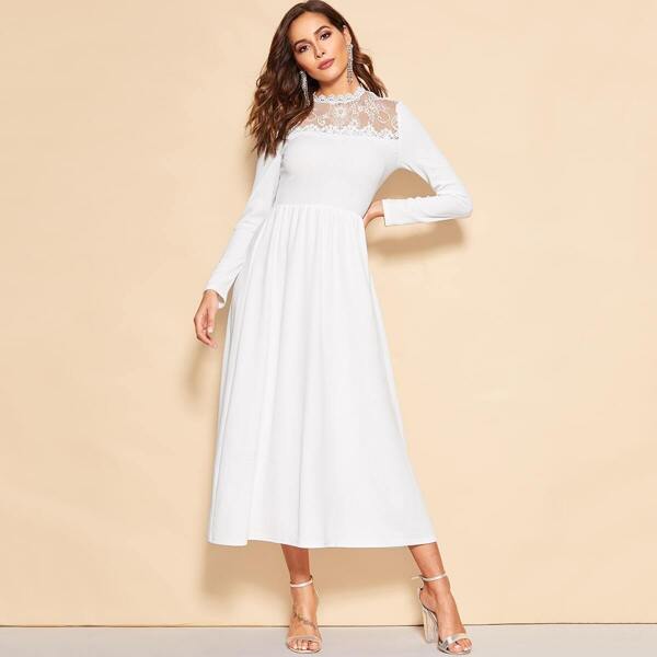 

Lace Yoke Midi Dress, White
