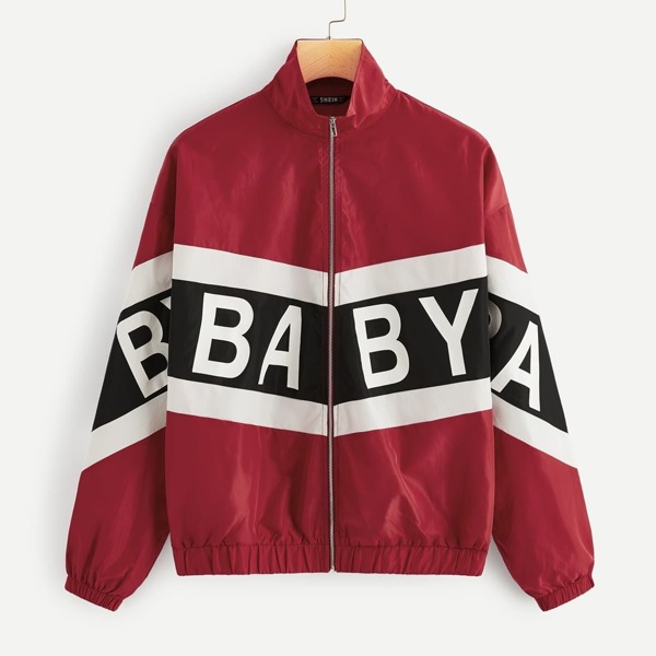 

Zip Up Color Block Letter Print Jacket