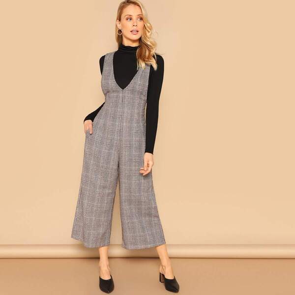 

Zip Back Plunging Neck Plaid Palazzo Jumpsuit