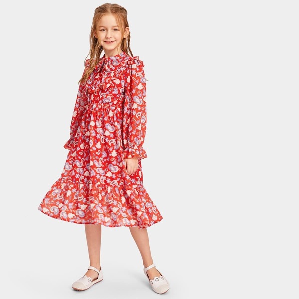 

Girls Bow Detail Ruffle Trim Paisley Print Dress, Multicolor