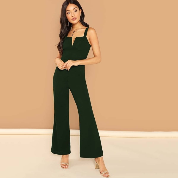 

Thick Strap V-notch Front Flared Jumpsuit