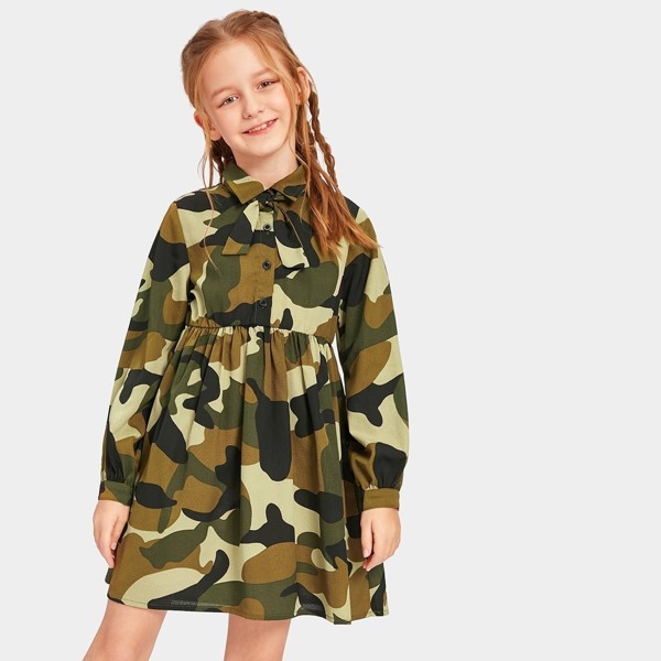 

Girls Tie Neck Buttoned Camo Shirt Dress