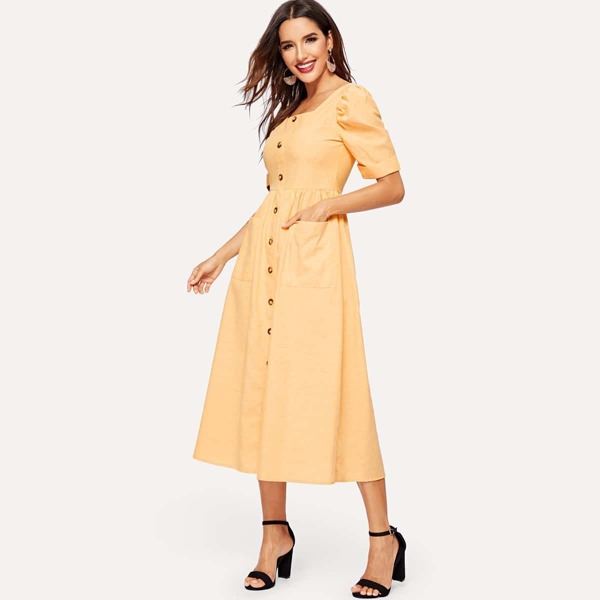 

Button Through Midi Smock Dress, Yellow