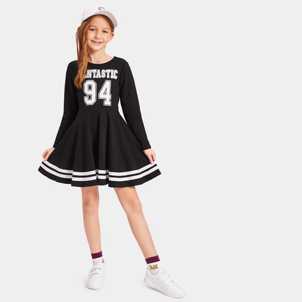 

Girls Letter Print Striped Dress, Black