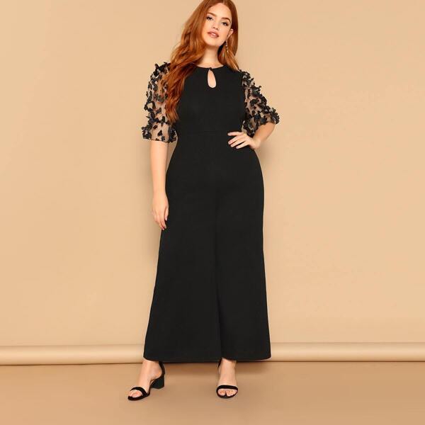 

Plus Applique Mesh Sleeve Palazzo Leg Jumpsuit