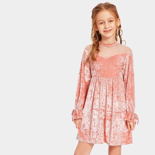 

Girls Zip Back Mesh Shoulder Chevron Velvet Dress