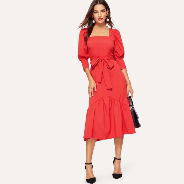 

Puff Sleeve Pep Hem Belted Midi Dress, Red