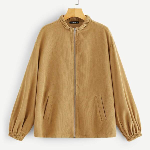 

Lantern Sleeve Zipper Up Cord Jacket, Khaki