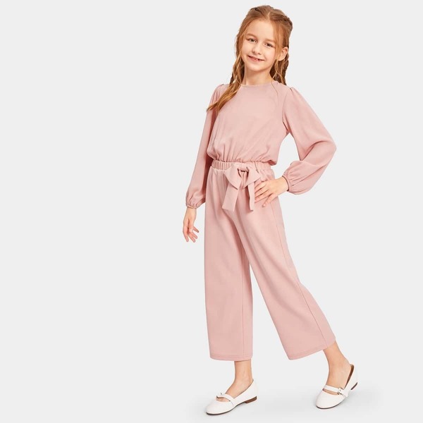 

Girls Zip Back Bow Waist Solid Jumpsuit, Pink