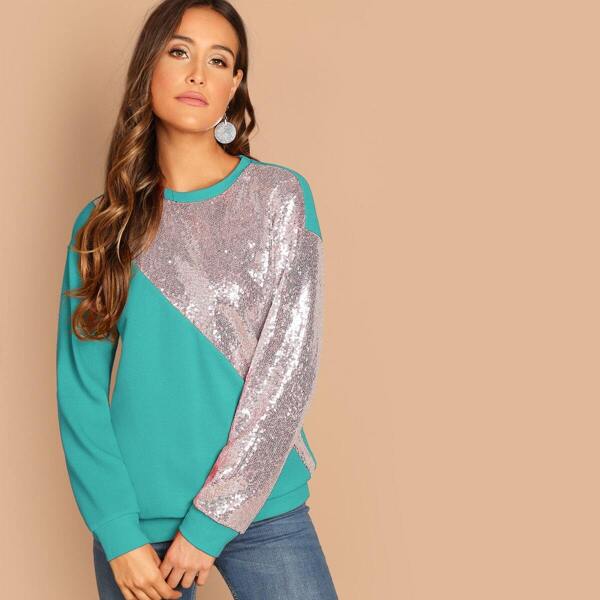 

Drop Shoulder Colorblock Contrast Sequin Pullover