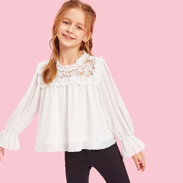 

Girls Floral Lace Insert Frilled Smock Top, White