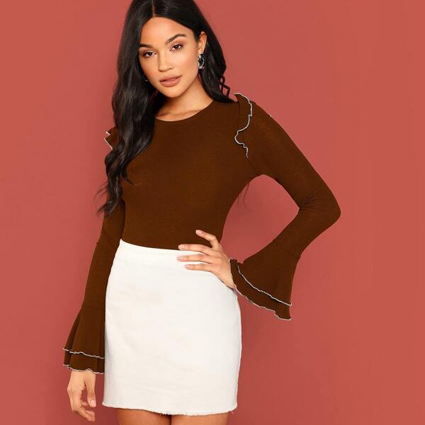 

Ruffle Detail Bell Sleeve Ribbed Top