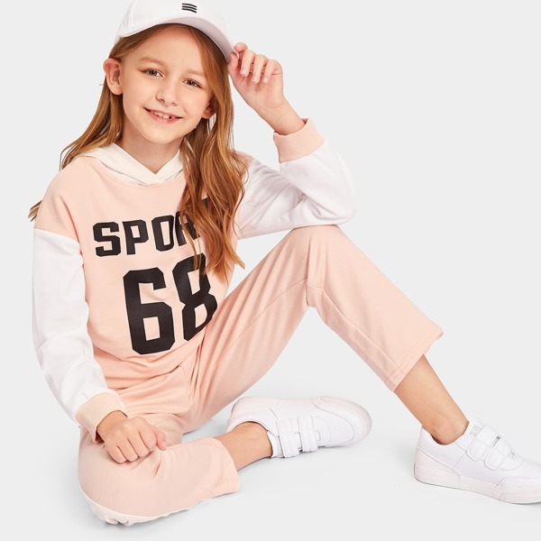 

Girls Colorblock Graphic Hoodie & Sweatpants Set