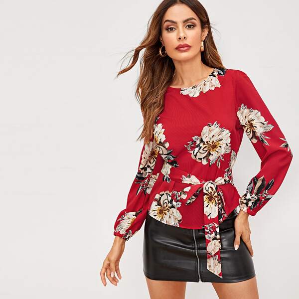 

Flower Print Curved Hem Belted Top