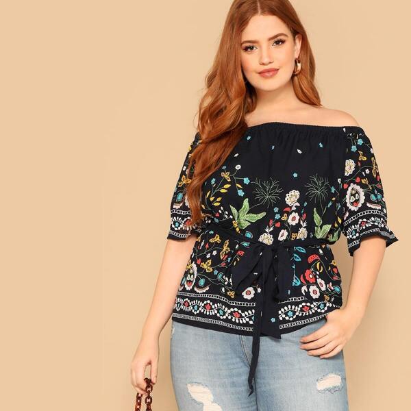 

Plus Off Shoulder Botanical Blouse, Multicolor