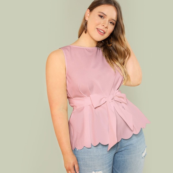 

Plus Scallop Hem Belted Tank Blouse