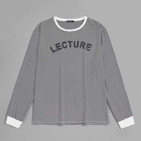 

Men Letter Print Pinstripe Ringer Neck Tee