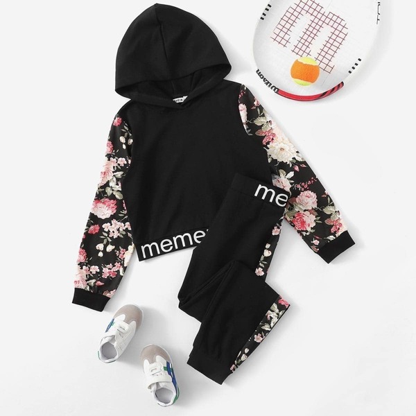 

Girls Floral Sleeve Letter Print Hem Hoodie & Pants Set, Black