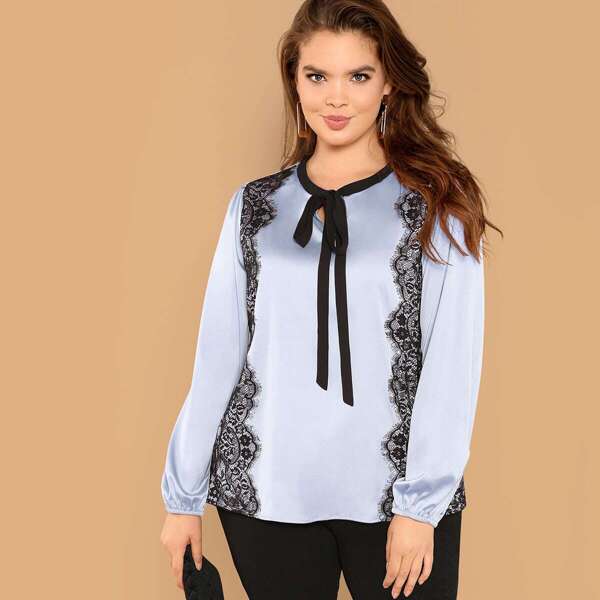 Plus Eyelash Lace Applique Tie Neck Blouse, Blue