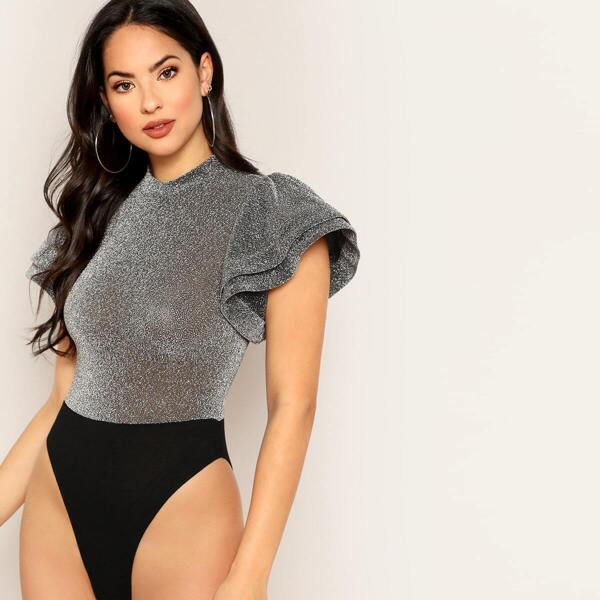 

Layered Ruffle Sleeve Fitted Glitter Bodysuit