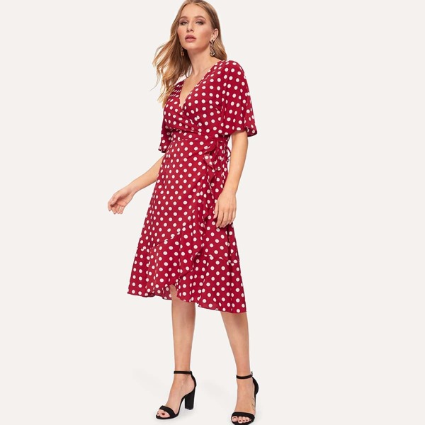 

Polka Dot Surplice Wrap Ruffle Dress