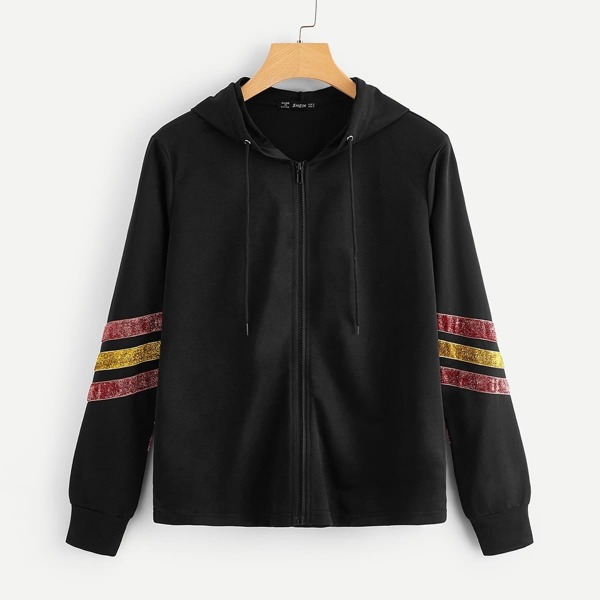 

Contrast Glitter Tape Zip Up Hooded Sweatshirt, Black