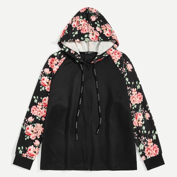 

Floral Raglan Sleeve Drawstring Hooded Sweatshirt