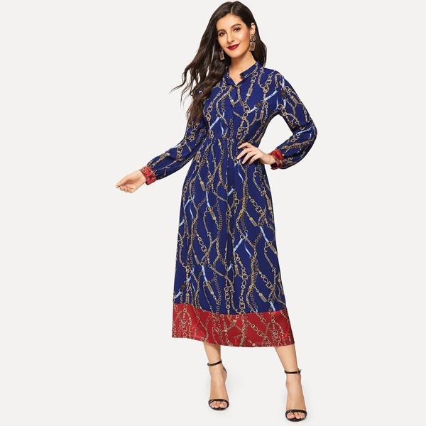 

Chain Print Button Half Placket Dress, Navy