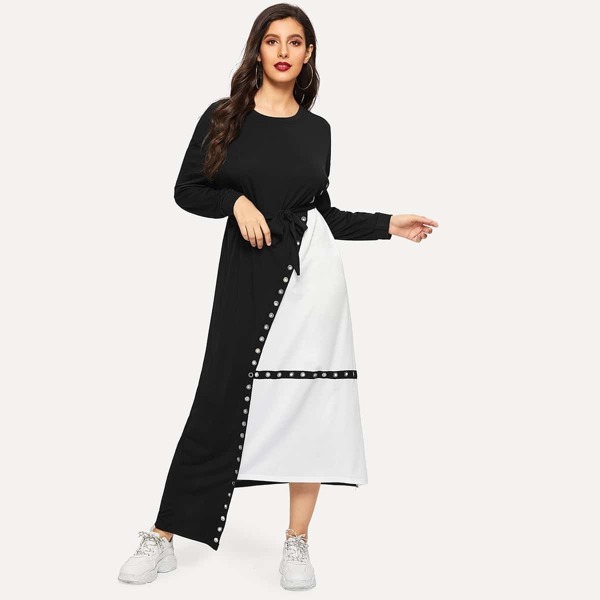 

Ring Decoration Waist Tie Asymmetric Hem Dress