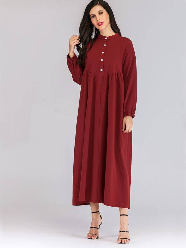 

Button Half Placket Longline Dress, Red