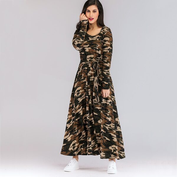 

Camo Print Waist Tie Longline Dress