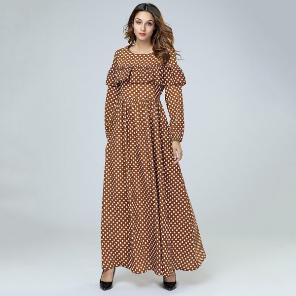 

Polka Dot Ruffle Decoration Bishop Sleeve Dress, Brown