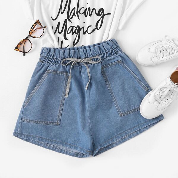 

Pocket Detail Lace Bow Tie Front Denim Shorts
