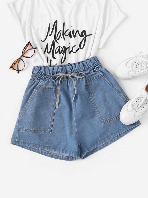 

Pocket Detail Lace Bow Tie Front Denim Shorts, Blue