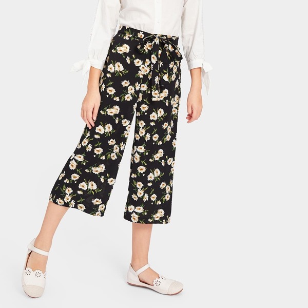 

Girls Tied Waits Flower Print Capris Pants