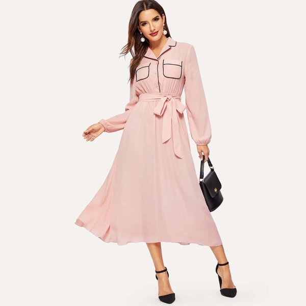 

Button Front Pocket Patched Belted Shirt Dress
