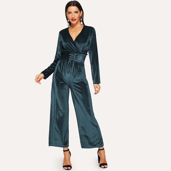 

Frilled Trim Corset Belted Velvet Jumpsuit