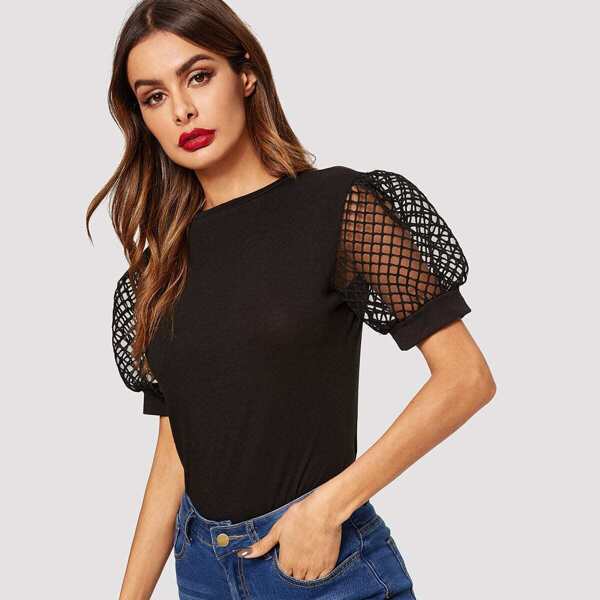 

Contrast Fishnet Puff Sleeve Tee, Black