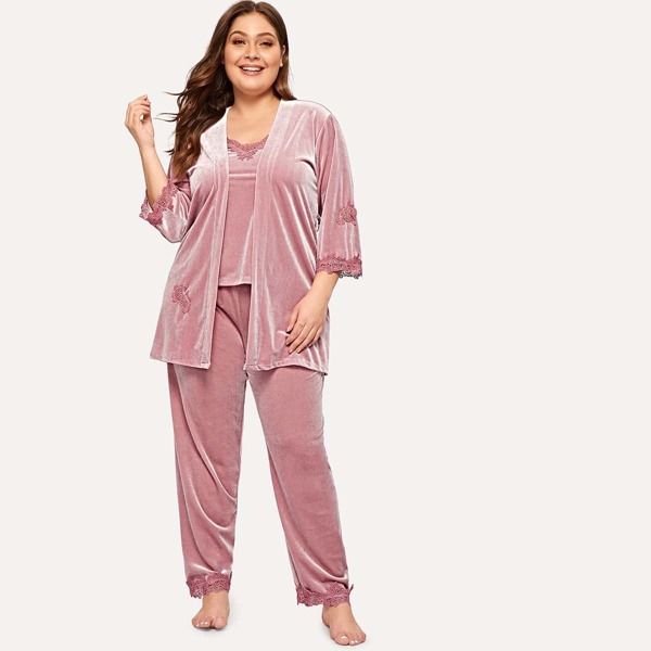 

Plus Lace Trim Velvet Cami PJ Set With Robe, Pink